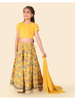 Fabindia - Yellow Cotton Printed Lehenga With Choli & Dupatta