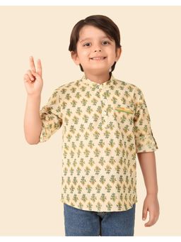 Fabindia - Beige Cotton Hand Block Printed Short Kurta