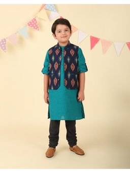 Fabindia - Teal Cotton Ikat Woven Kurta & Jacket