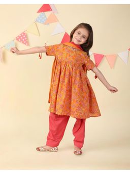 Fabindia - Orange Cotton Hand Block Printed Kurta With Salwar & Dupatta