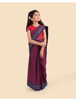 Fabindia - Purple Cotton Blend Hand Block Printed Saree With Stitched Blouse