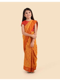 Fabindia - Yellow Cotton Blend Hand Block Printed Saree With Stitched Blouse