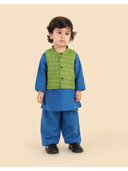 Fabindia - Navy Cotton Hand Block Printed Kurta With Pyjama & Nehru Jacket