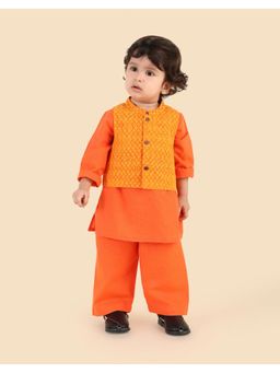 Fabindia - Orange Cotton Hand Block Printed Kurta With Pyjama & Nehru Jacket