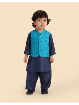 Fabindia - Navy Viscose Blend Hand Block Printed Kurta With Pyjama & Nehru Jacket