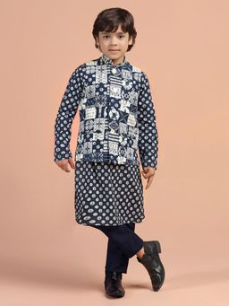 KISAH - Boys Navy Blue Printed Kurta Nehru Jacket Pyjama Set