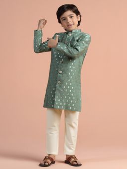 KISAH - Boys Green Jacquard Sherwani & Pyjama