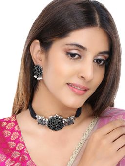 Yellow Chimes - Oxidised Studded Black Stone Peacock Design Necklace Set