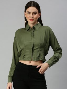 SHOWOFFFF - Women Shirt Collar Solid Olive Regular Top