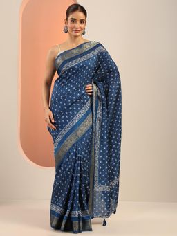 Libas - Navy Blue Ethnic Motif Woven Pintuck Saree with Unstitched Blouse