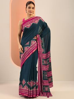 Libas - Teal Printed Saree with Unstitched Blouse