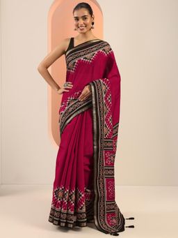 Libas - Maroon Printed Saree with Unstitched Blouse