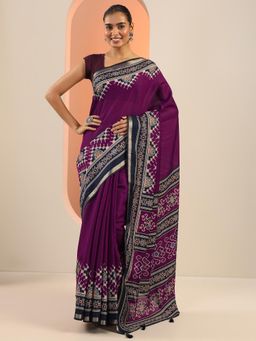 Libas - Purple Printed Saree with Unstitched Blouse