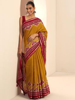 Libas - Mustard Printed Saree with Unstitched Blouse