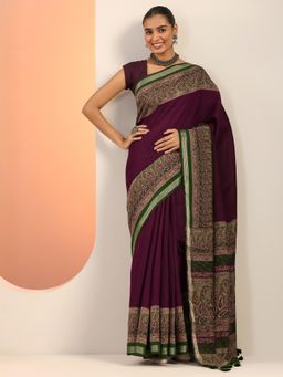 Libas - Wine Printed Saree with Unstitched Blouse