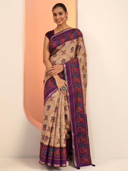Libas - Purple Printed Saree with Unstitched Blouse