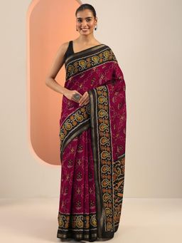 Libas - Maroon Floral Printed Saree with Unstitched Blouse