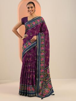 Libas - Purple Floral Printed Saree with Unstitched Blouse