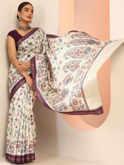Libas - Cream Ethnic Motif Printed Saree with Unstitched Blouse