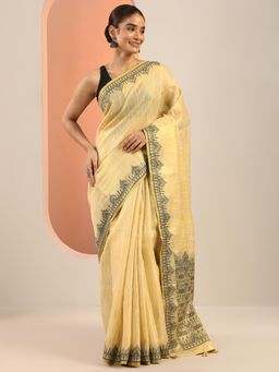 Libas - Beige Woven Saree with Unstitched Blouse