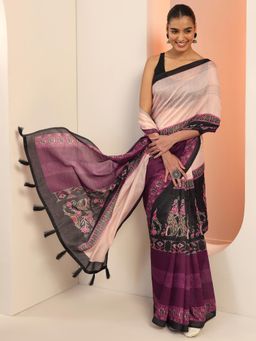 Libas - Wine Ethnic Motif Printed Saree with Unstitched Blouse