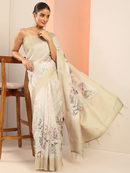 Libas - Off White Floral Tassels Saree with Unstitched Blouse