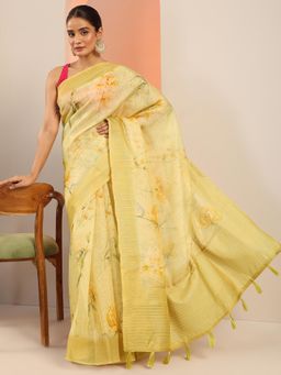 Libas - Yellow Floral Printed and Zari Saree with Unstitched Blouse