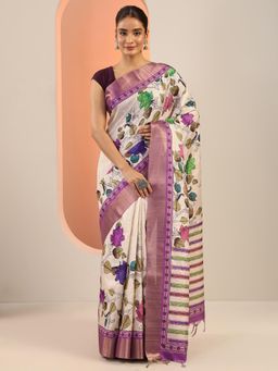 Libas - Off White Ethnic Motif Printed Saree with Unstitched Blouse