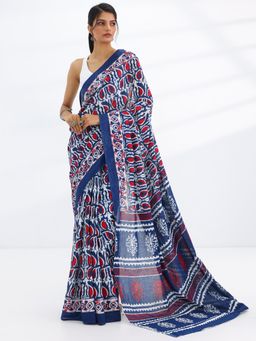 Libas - Navy Blue Floral Printed Saree with Unstitched Blouse
