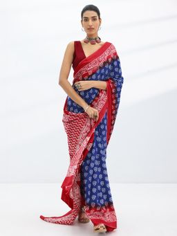 Libas - Navy Floral Printed Saree with Unstitched Blouse