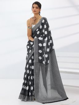 Libas - Black Geometric Printed Saree with Unstitched Blouse