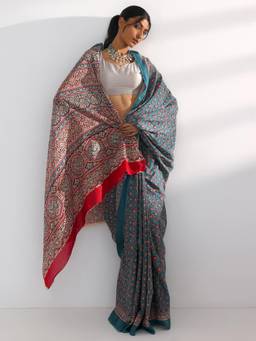 Libas - Blue Ethnic Motif Printed Ajrakh Saree with Unstitched Blouse