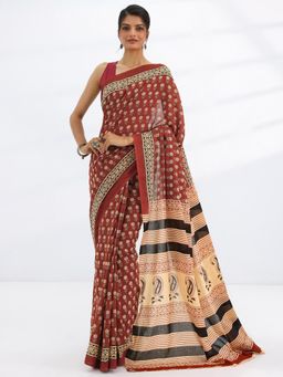 Libas - Rust Floral Printed Ajrakh Saree with Unstitched Blouse