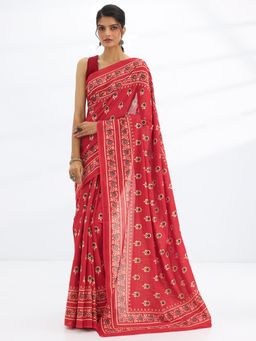Libas - Red Floral Printed Ajrakh Printed Saree with Unstitched Blouse