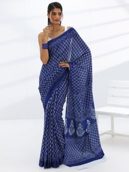 Libas - Navy Blue Ethnic Motif Printed Saree with Unstitched Blouse