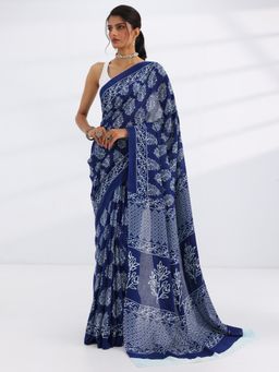 Libas - Navy Blue Floral Printed Saree with Unstitched Blouse