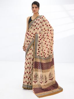 Libas - Beige Floral Printed Saree with Unstitched Blouse