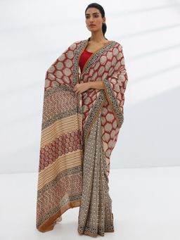Libas - Rust Ethnic Motif Ajrakh Printed Saree with Unstitched Blouse