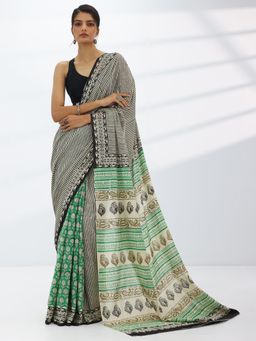 Libas - Green Floral Printed Saree with Unstitched Blouse