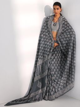 Libas - Grey Ethnic Motif Printed Saree with Unstitched Blouse