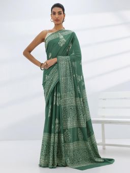 Libas - Green Floral Printed Saree with Unstitched Blouse