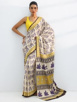 Libas - Off White Animal Printed Saree with Unstitched Blouse