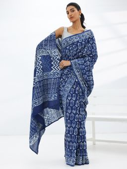 Libas - Blue Floral Printed Saree with Unstitched Blouse