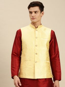 Sanwara - Mens Sunflower Yellow Printed Art Silk Ethnic Bandi Jacket