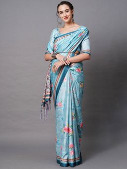Odette - Blue Festive Dole Silk Printed Saree with Unstitched Blouse