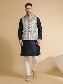 Jaipur Kurti - Navy Blue Woven Embroidered Straight Kurta with Pant & Nehru Jacket (Set of 3)