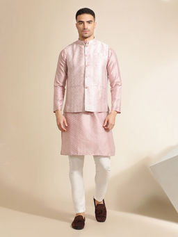 Jaipur Kurti - Pink Woven Embroidered Straight Kurta with Pant & Nehru Jacket (Set of 3)