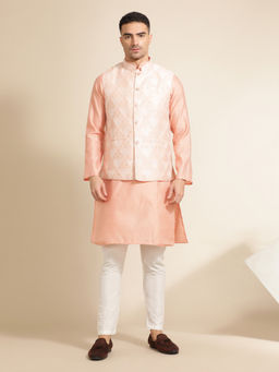 Jaipur Kurti - Peach Woven Embroidered Straight Kurta with Pant & Nehru Jacket (Set of 3)