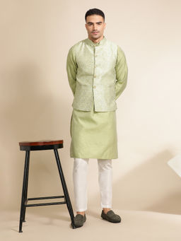 Jaipur Kurti - Green Woven Embroidered Straight Kurta with Pant & Nehru Jacket (Set of 3)
