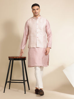 Jaipur Kurti - Pink Woven Embroidered Straight Kurta with Pant & Nehru Jacket (Set of 3)